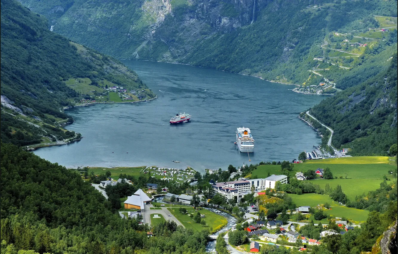 Photo wallpaper mountains, field, home, ships, Norway, panorama, forest, the fjord