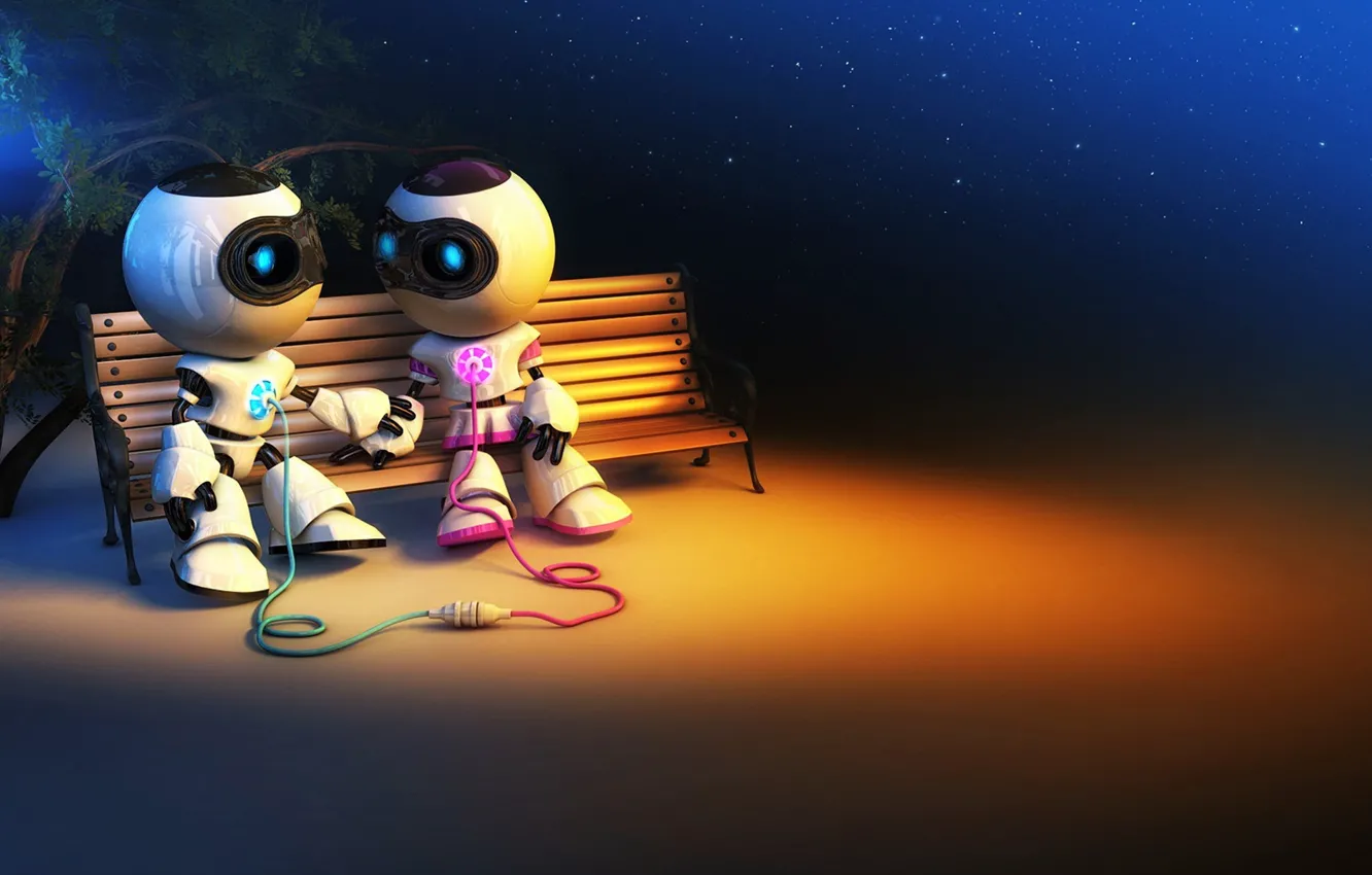 Photo wallpaper love, bench, robot, pair