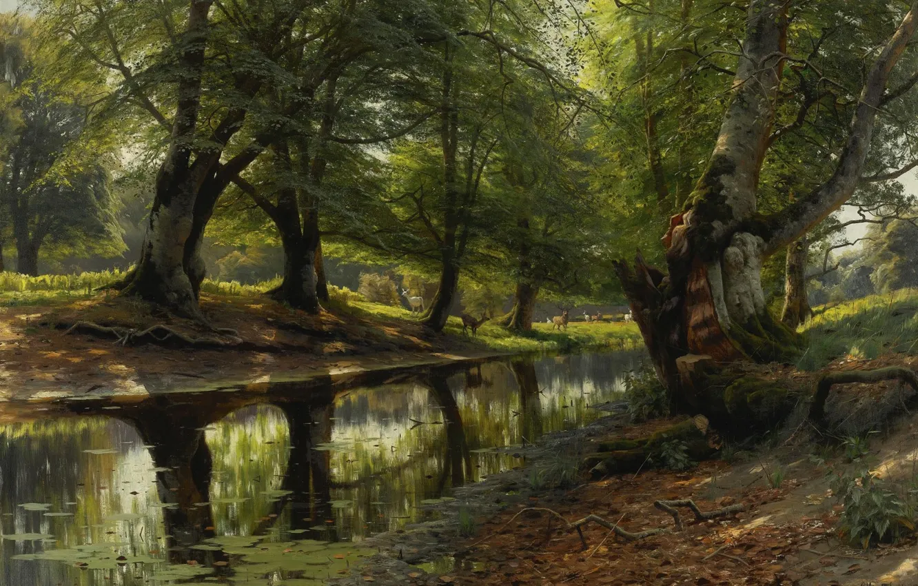 Photo wallpaper trees, landscape, nature, picture, Peter Merk Of Menstad, Peder Mørk Mønsted, The stream in the …
