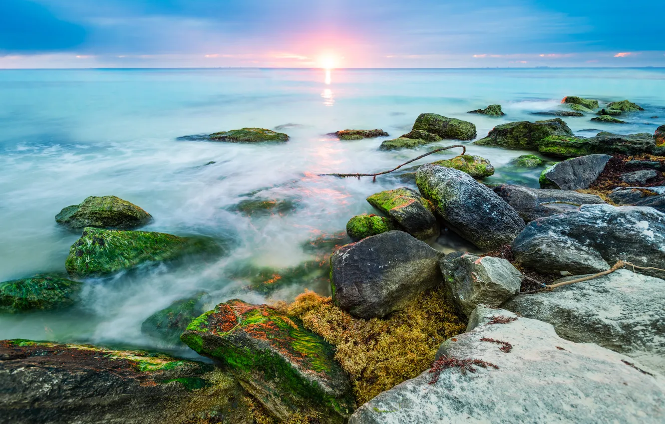 Photo wallpaper sea, landscape, sunset, stones