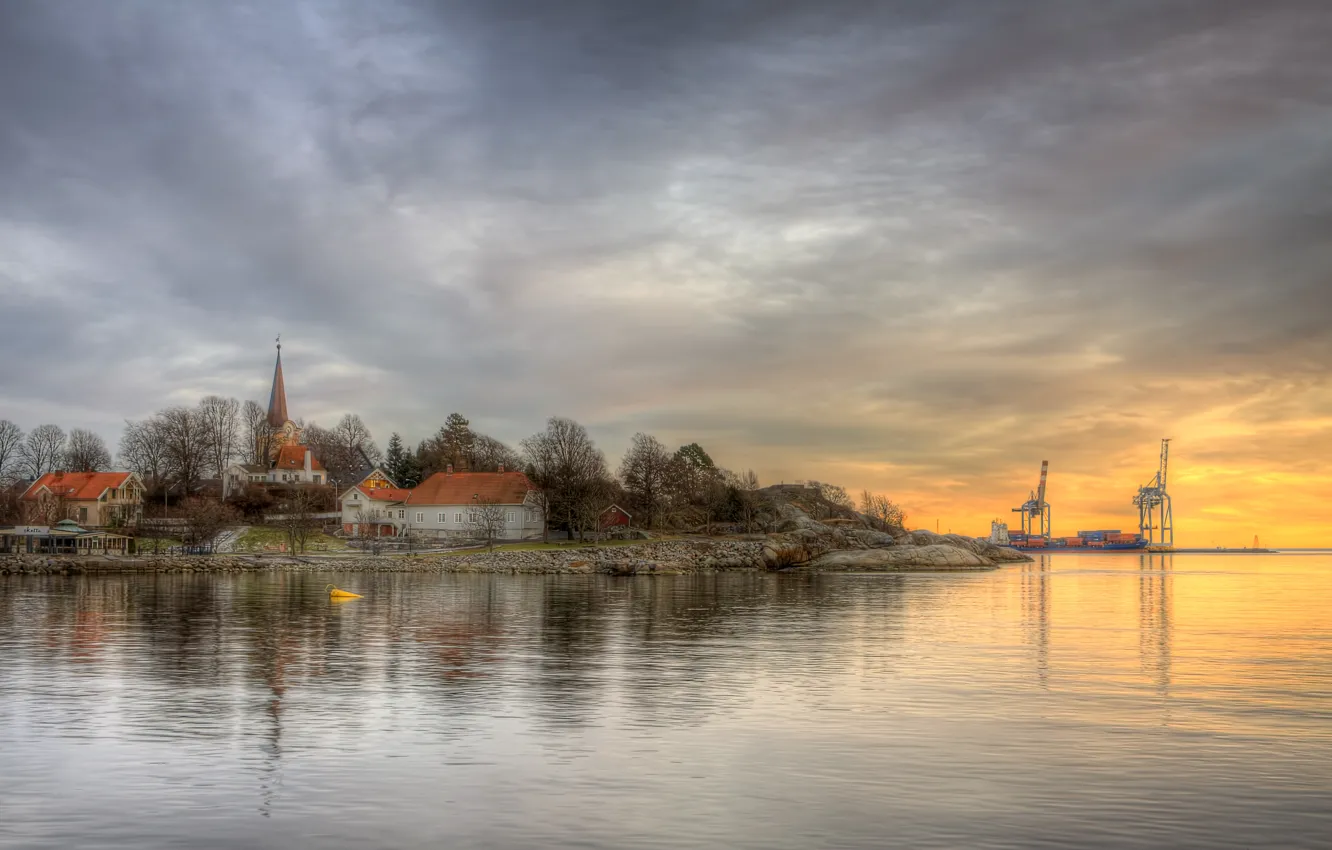 Photo wallpaper river, HDR, home, village, port, Church, Tollerod Eden