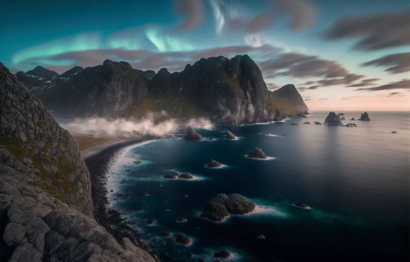 Photo wallpaper sea, beach, landscape, mountains, nature, stones, rendering, rocks