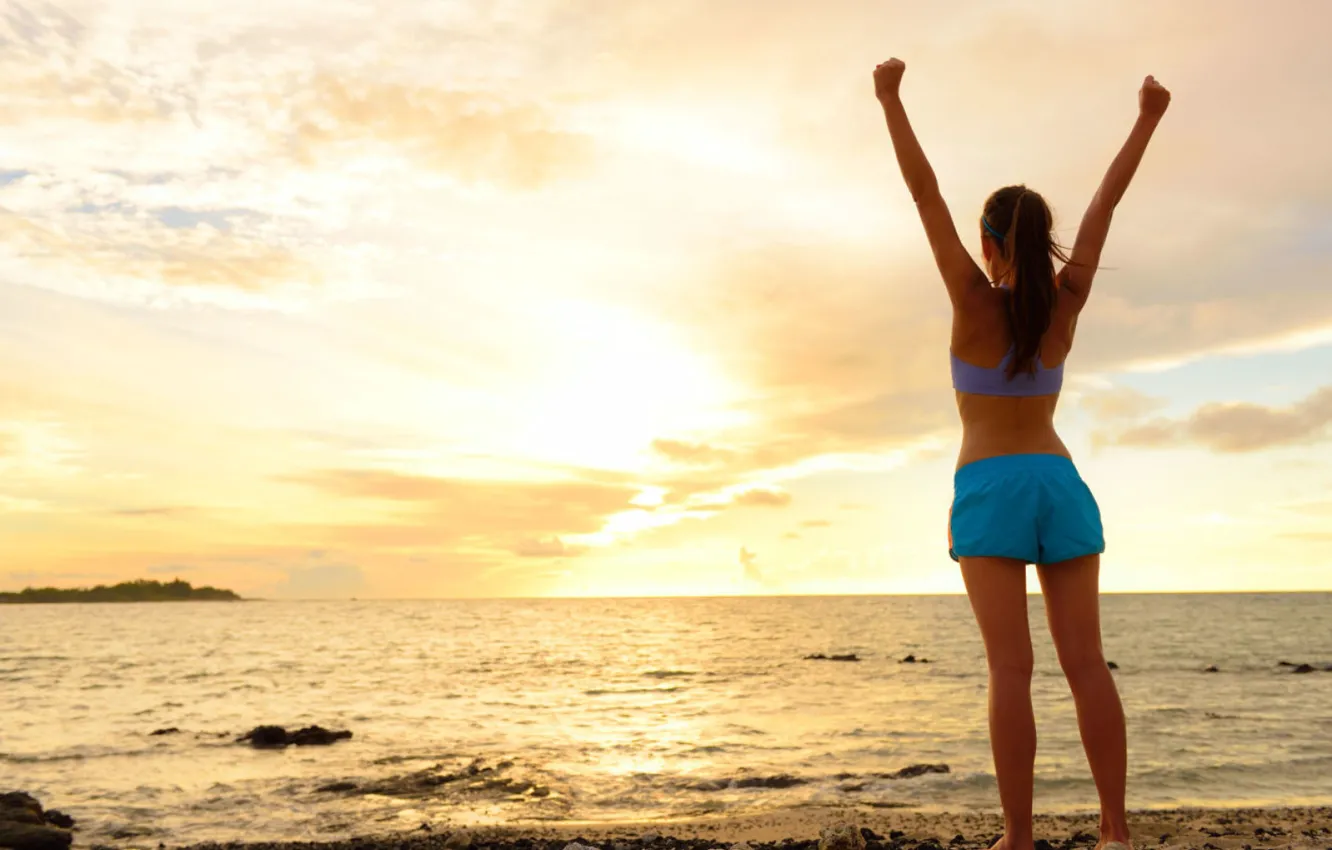 Photo wallpaper the sky, girl, shore, calm, surf, young