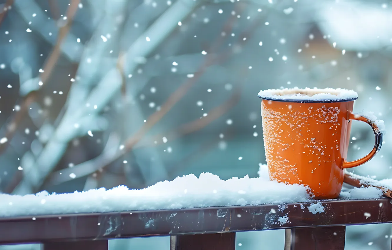 Photo wallpaper winter, snow, coffee, mug, winter, snow, morning, cup