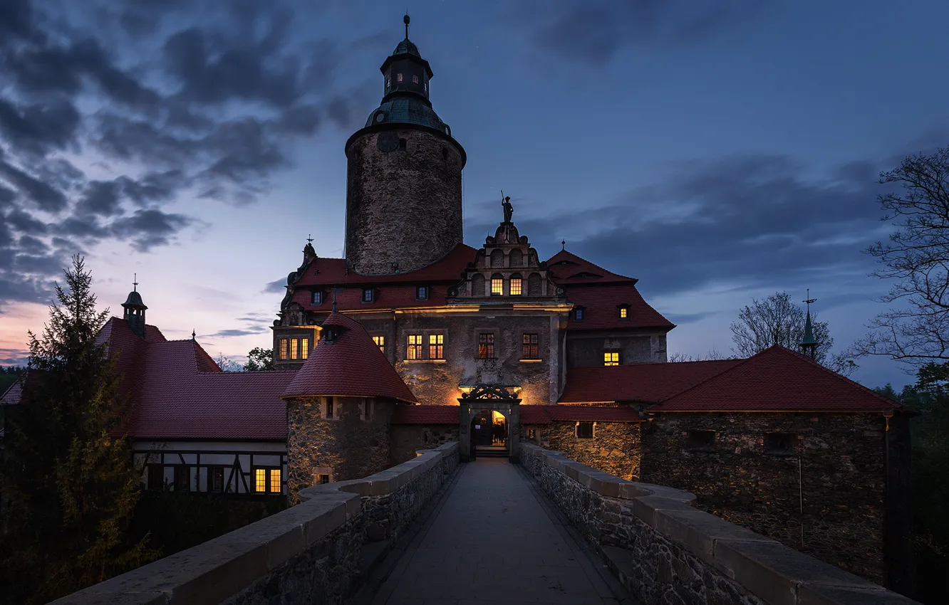 Photo wallpaper night, castle, lighting, Poland, architecture, Czocha castle, the Czocha castle