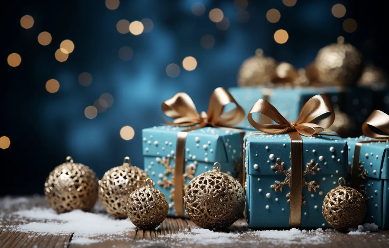 Photo wallpaper winter, snow, decoration, snowflakes, gift, balls, new year, Christmas