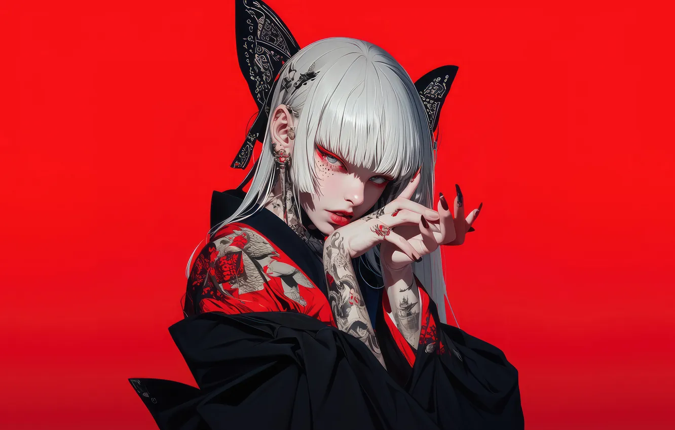 Photo wallpaper girl, anime, beautiful, tattoo, kimono, red background, anime girl, AI Art