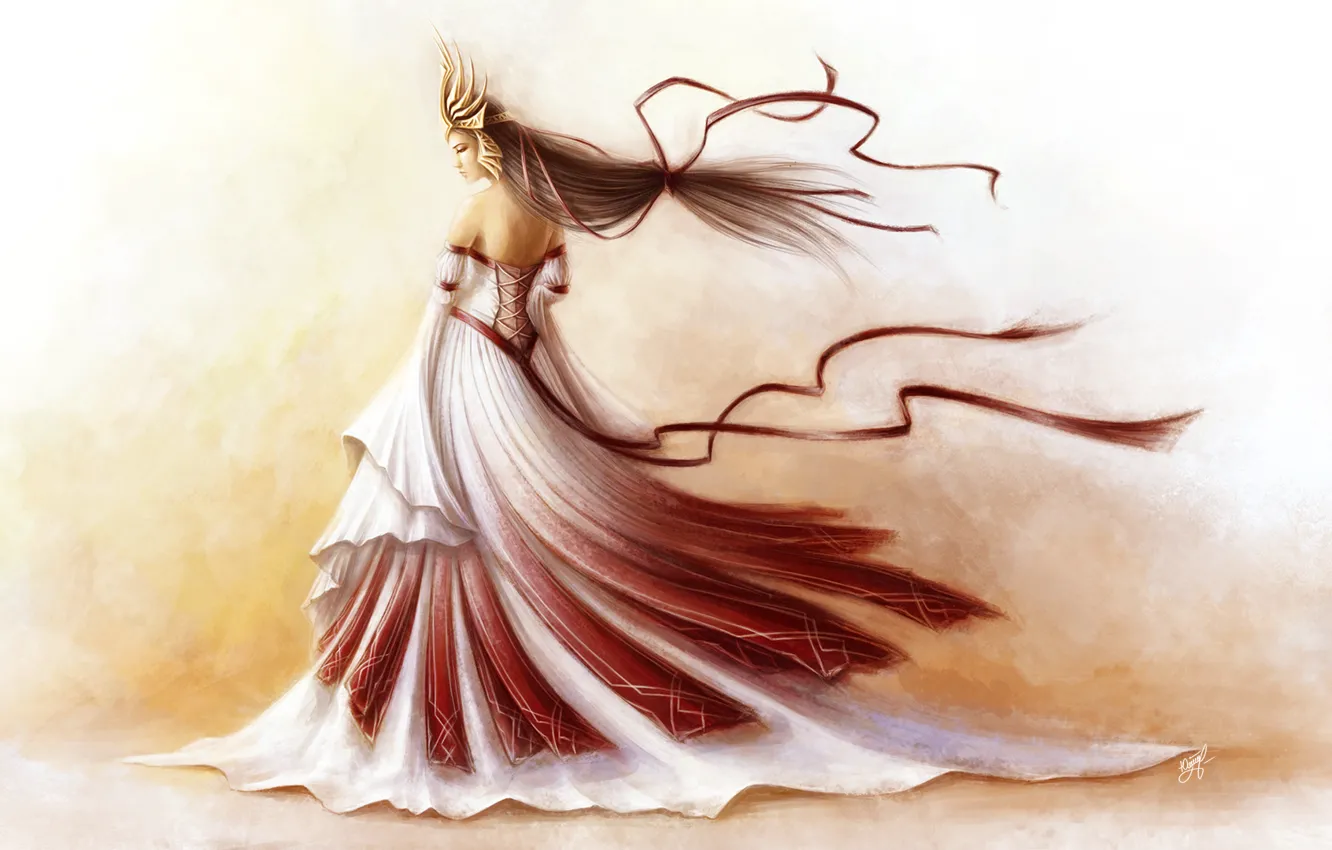 Photo wallpaper girl, tape, background, the wind, crown, dress, art