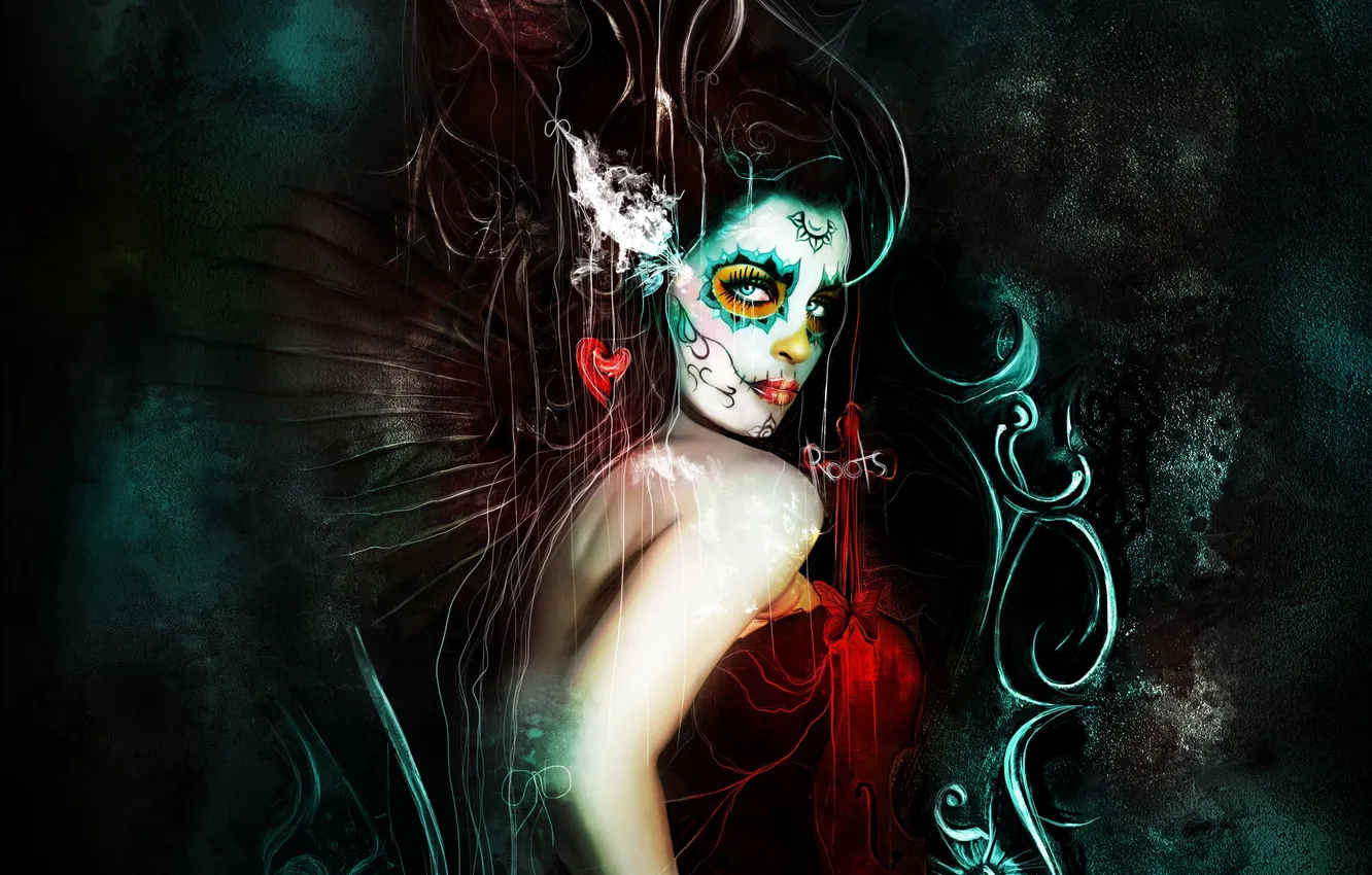 Photo wallpaper look, girl, abstraction, face, death, butterfly, paint, art