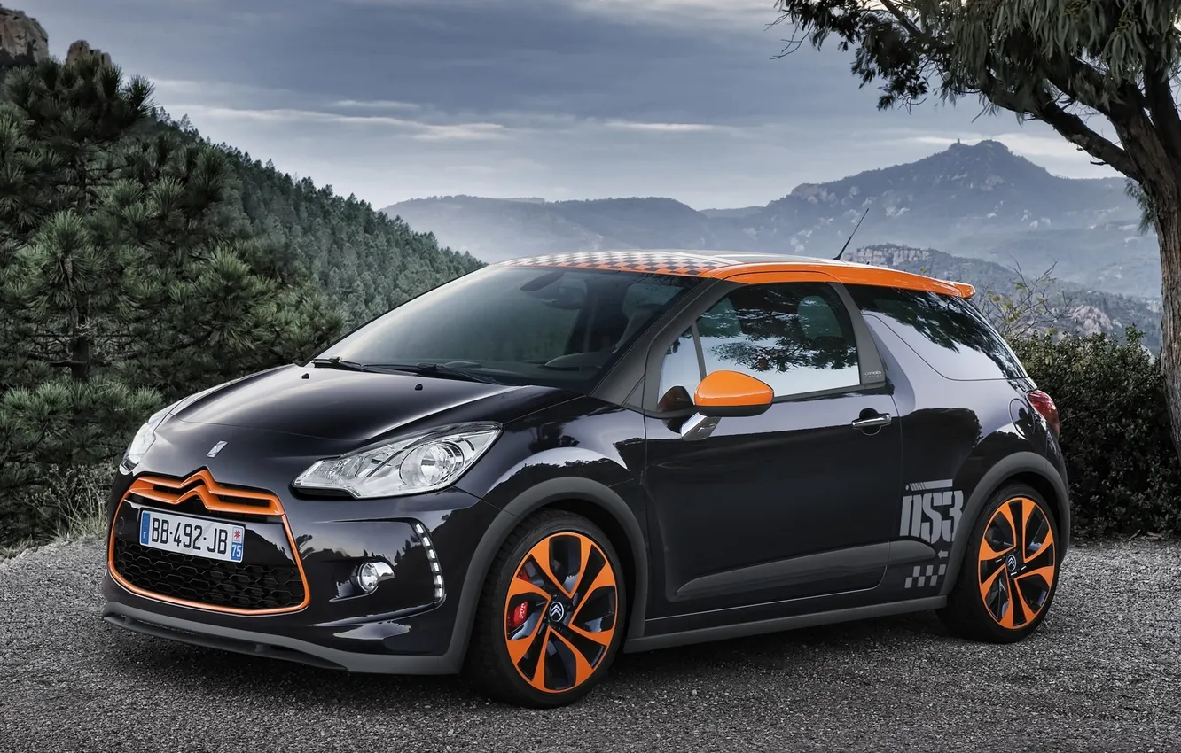Photo wallpaper the sky, trees, landscape, mountains, black, Citroen, Citroen, DS3