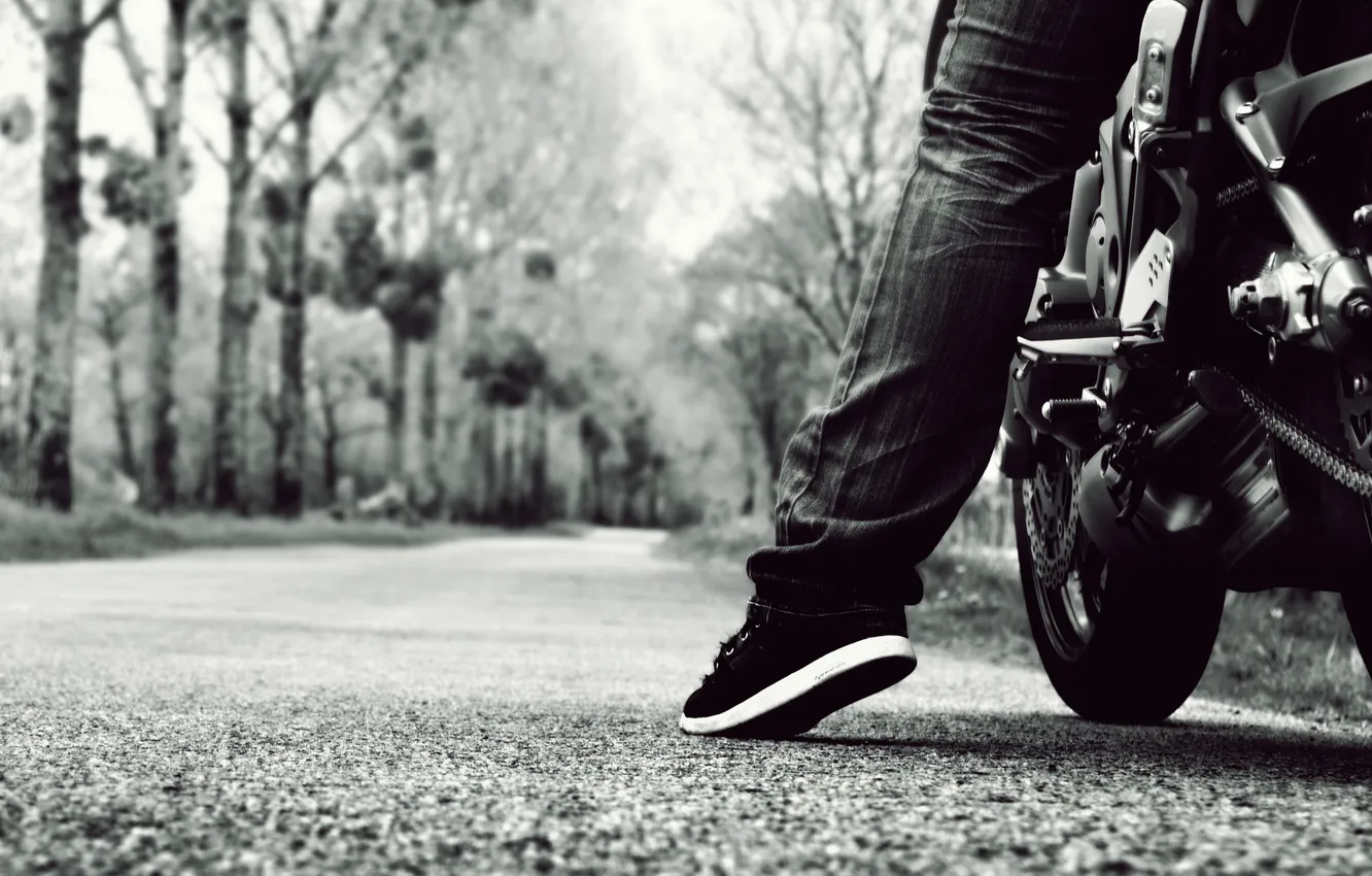 Photo wallpaper road, motorcycle, leg