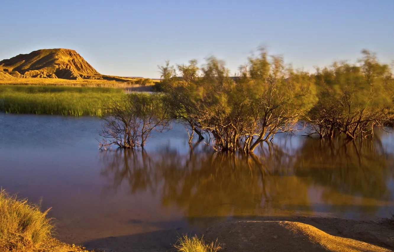 Photo wallpaper the sky, trees, mountains, lake, river, dawn