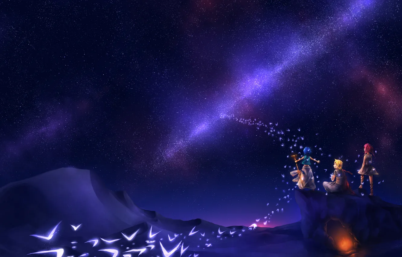 Photo wallpaper the sky, stars, night, children, lights, bird, staff, cave