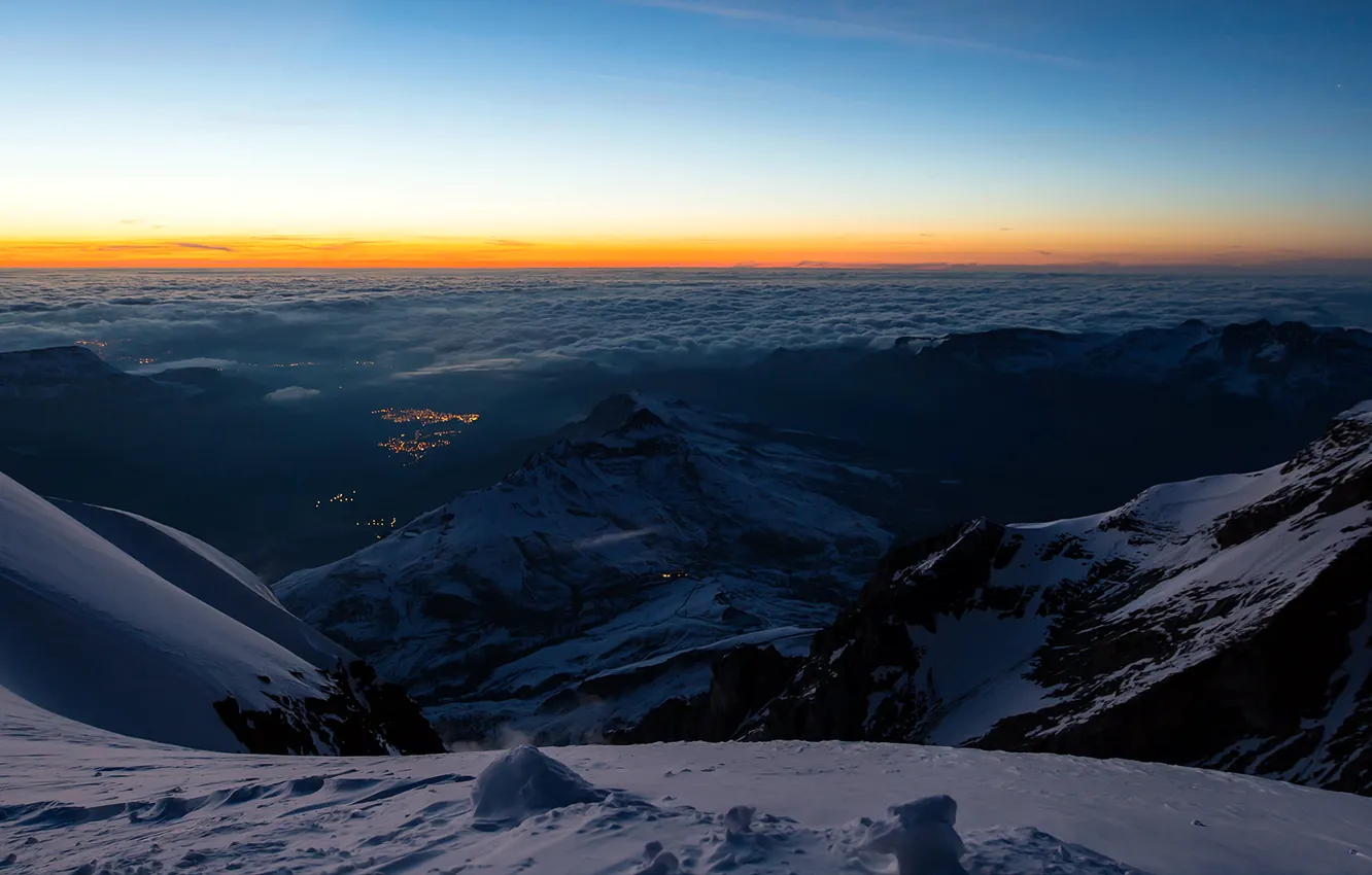 Photo wallpaper snow, mountains, lights, Switzerland, valley, horizon, glow, The Bernese Alps