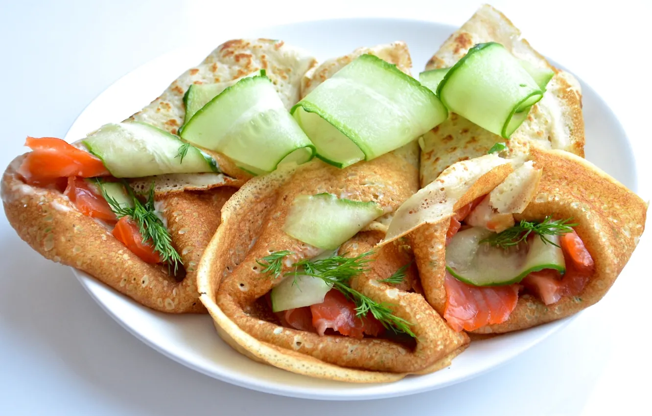 Photo wallpaper pancakes, cucumbers, salmon