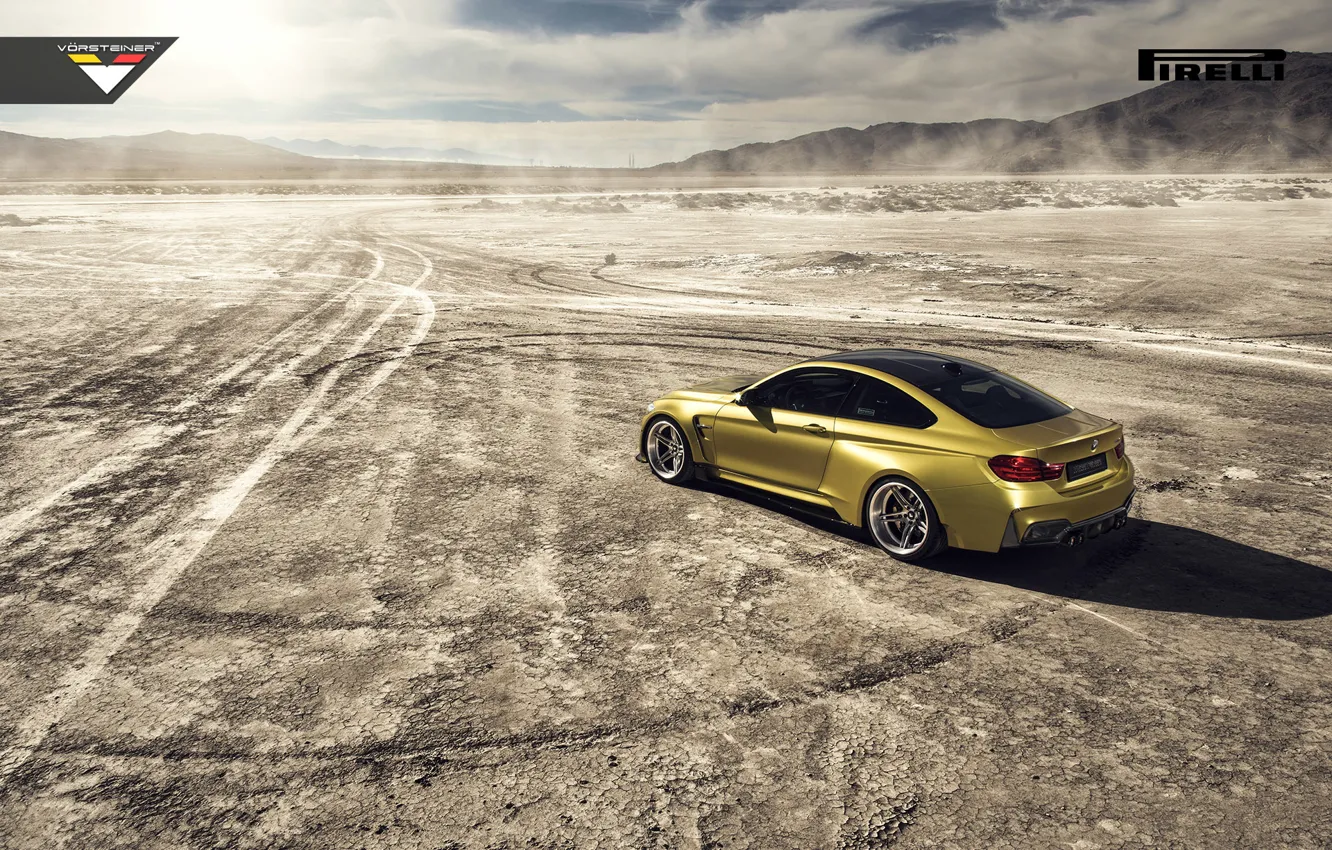 Photo wallpaper BMW, Car, Vorsteiner, Yellow, Pirelli, Wheels, Desert, Rear