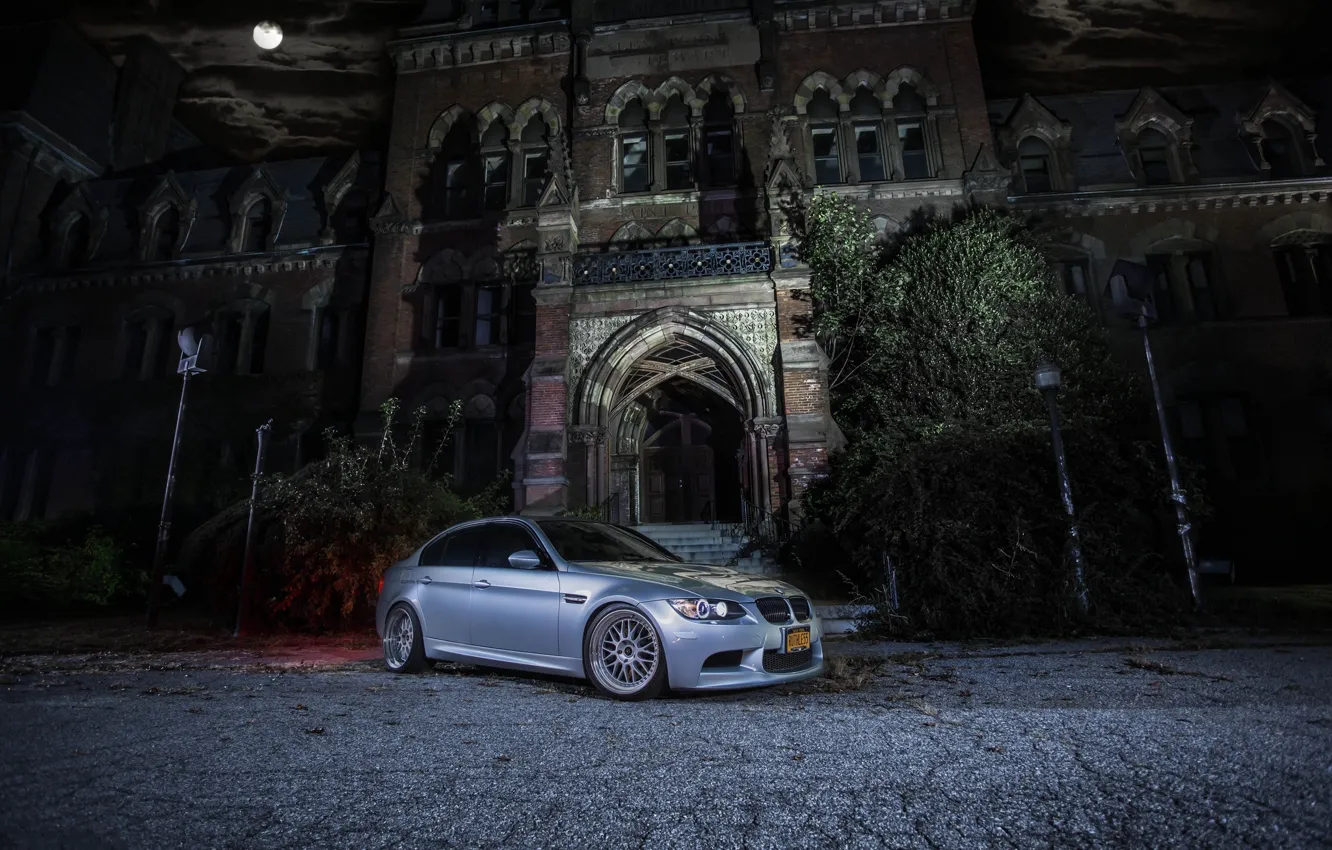Photo wallpaper night, the moon, the building, bmw, BMW, silver, drives, e90