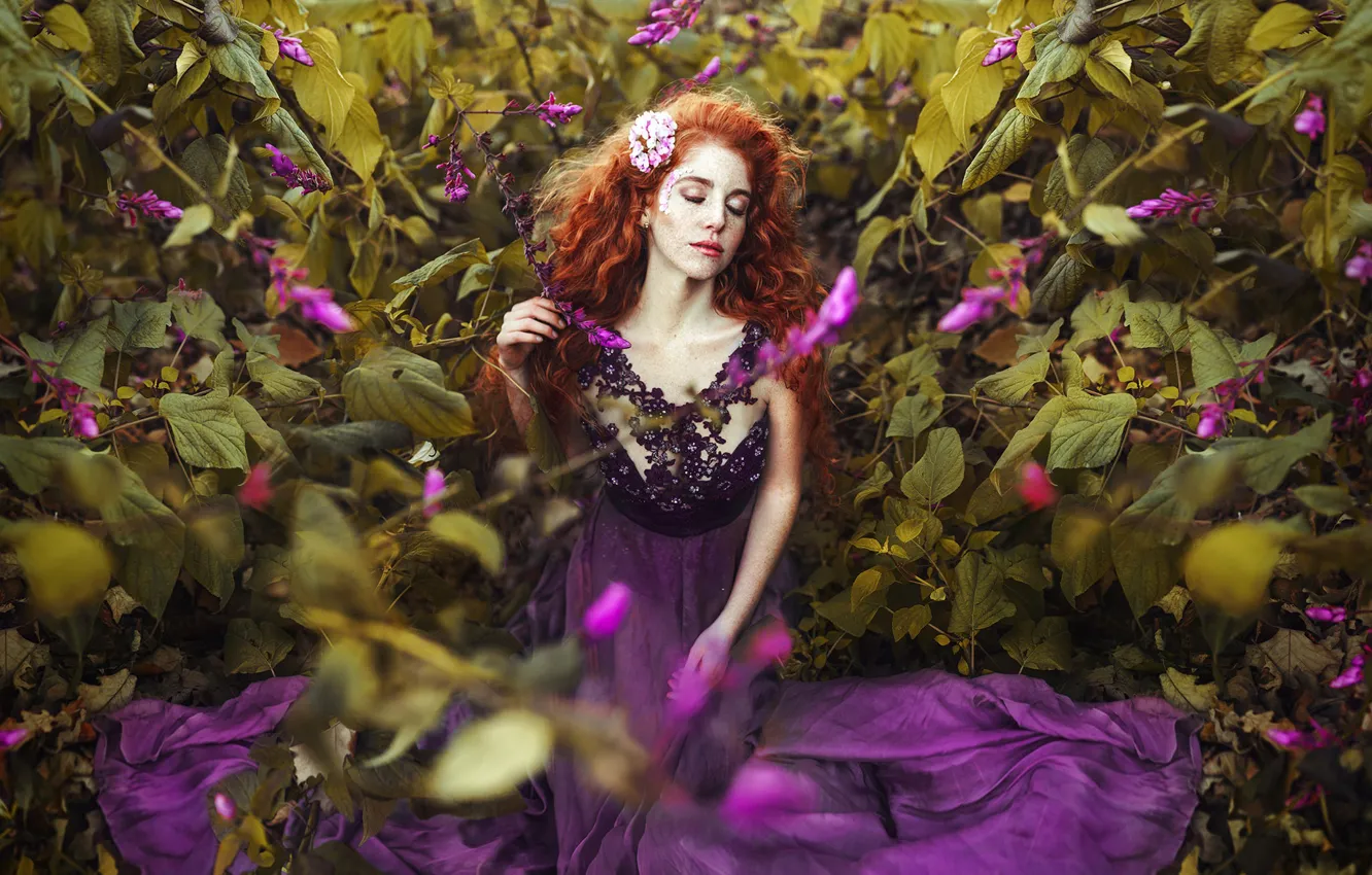 Photo wallpaper girl, mood, dress, freckles, red, redhead, the bushes, flowers