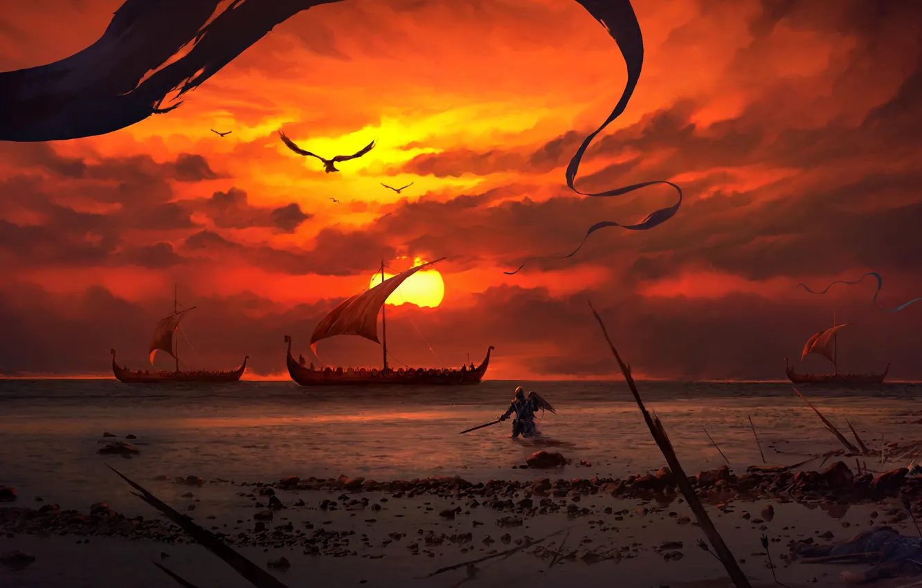 Photo wallpaper Warrior, Dominik Mayer, Vikings boat, Beach Battlefront, drakkar at sunset