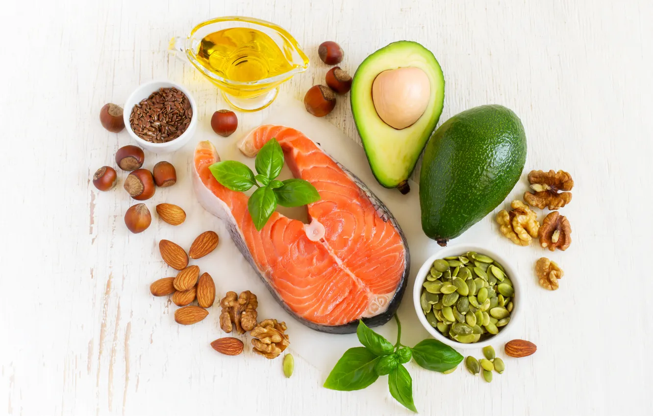 Photo wallpaper food, fish, nuts, fish, spices, avocado, avocado, Basil