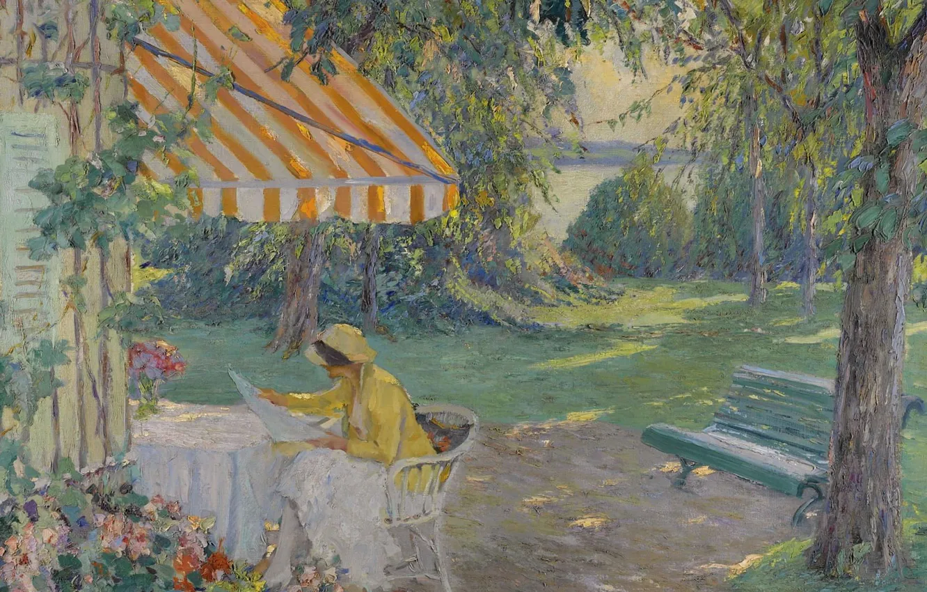 Photo wallpaper girl, picture, bench, Edward Cucuel, Edward Cucuel, Summer on Lake Starnberg