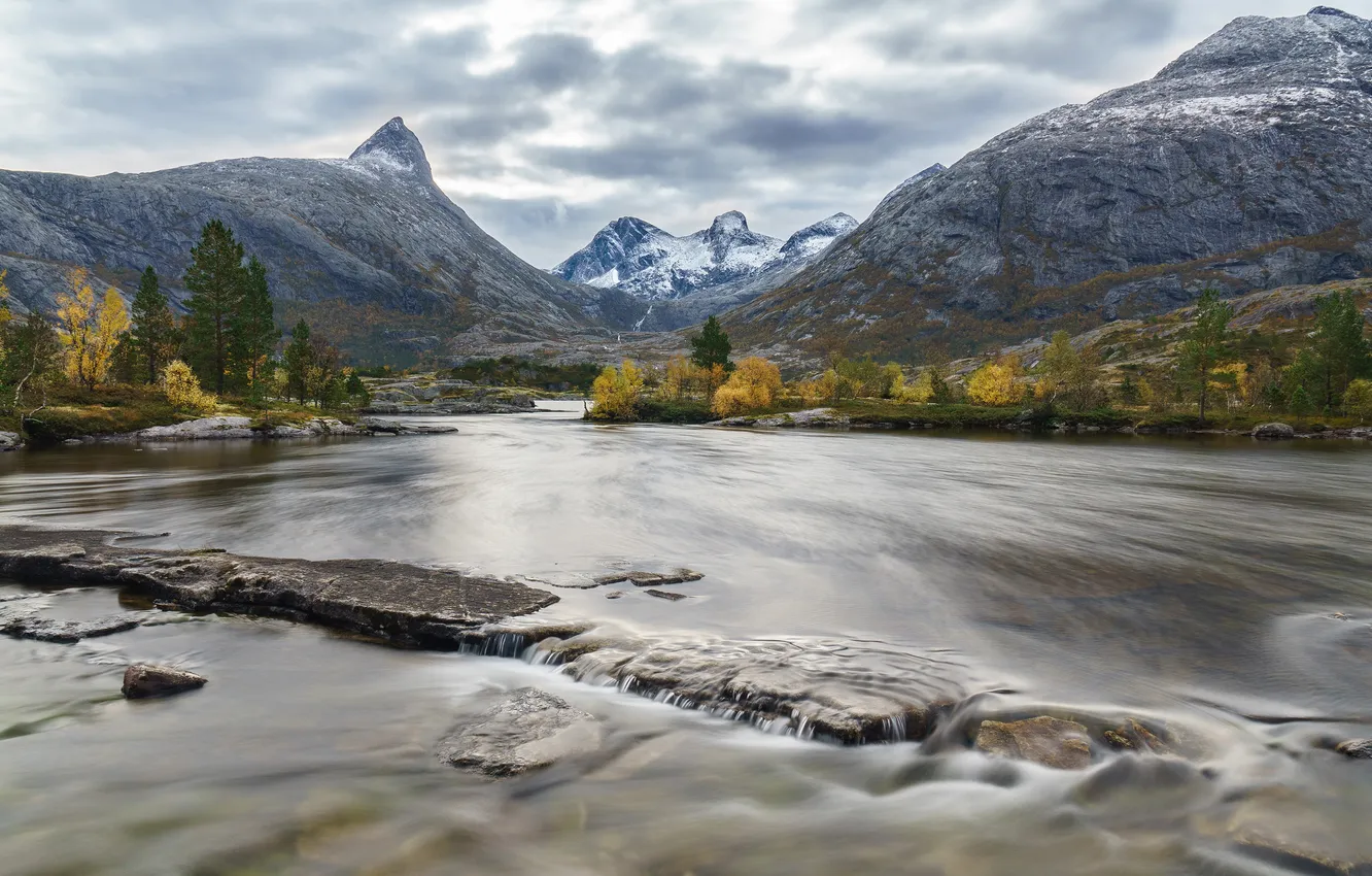 Photo wallpaper autumn, forest, mountains, river, shore