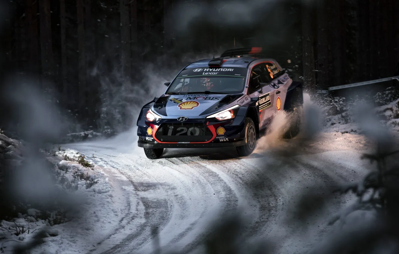 Photo wallpaper Winter, Auto, Snow, Sport, Machine, Race, Hyundai, Car