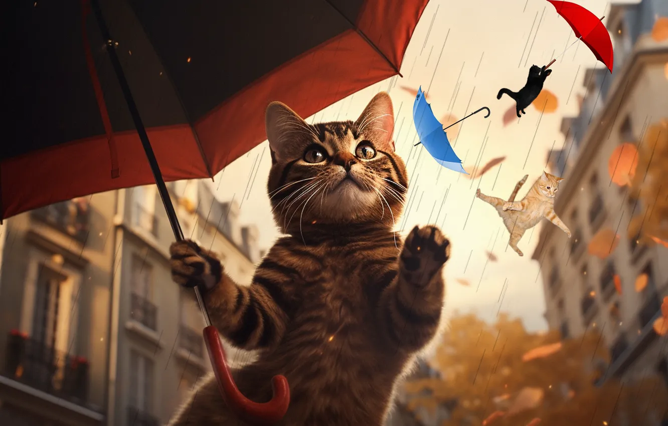 Photo wallpaper cat, cat, flight, umbrella, rain, umbrella, kitty, the shower