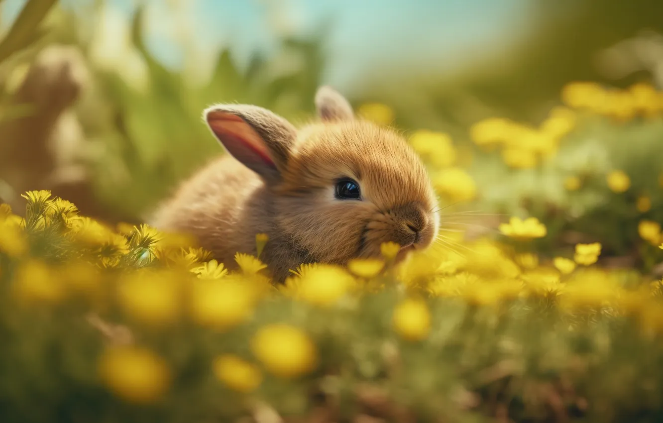 Photo wallpaper look, flowers, glade, rabbit, red, face, Bunny, rabbit
