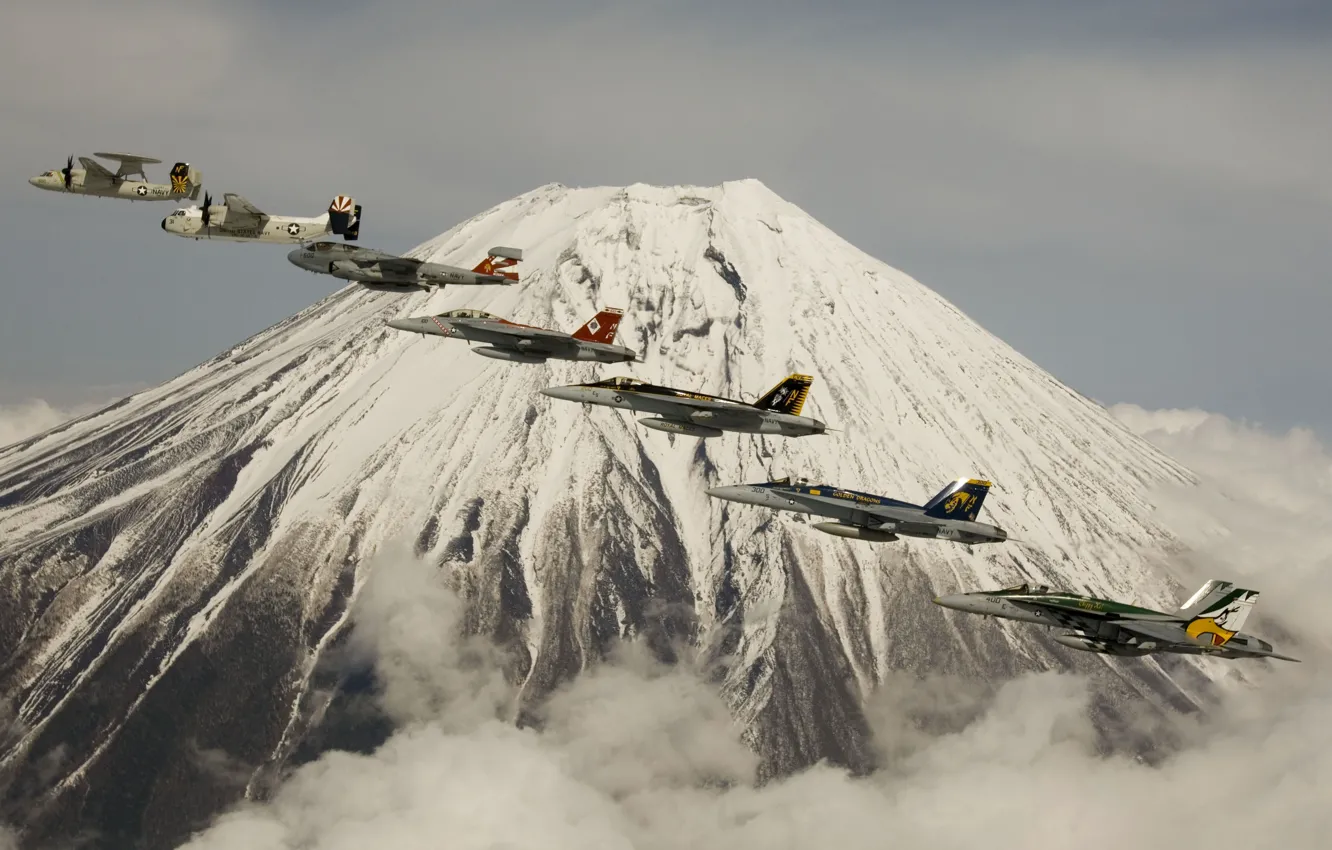 Photo wallpaper flight, aviation, mountains, the volcano, fighter, Fuji