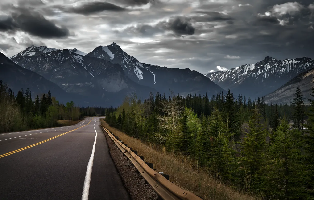 Photo wallpaper road, forest, trees, mountains, nature, Canada