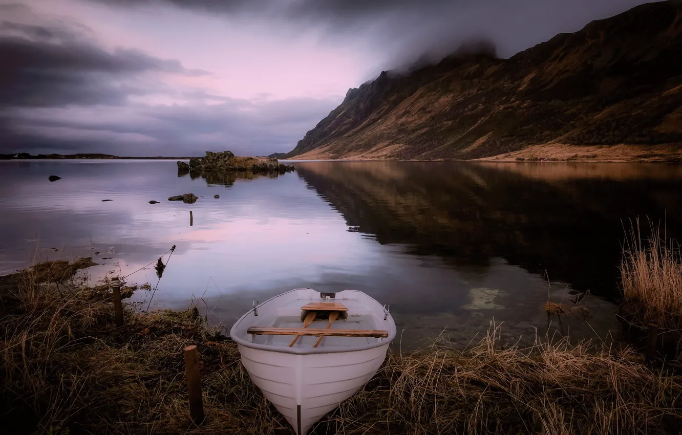 Photo wallpaper fog, lake, boat