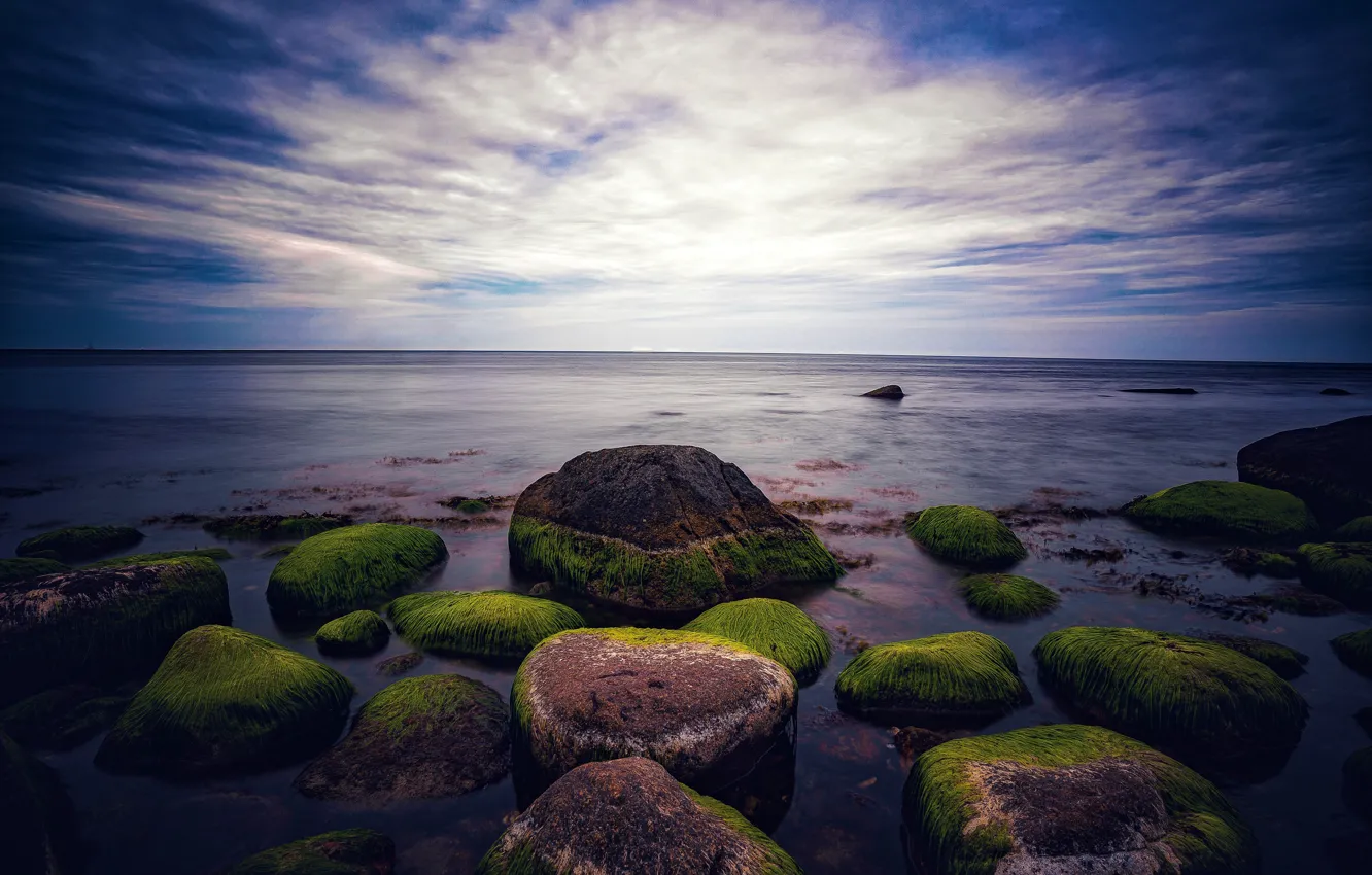 Photo wallpaper sea, the sky, stones, shore, horizon