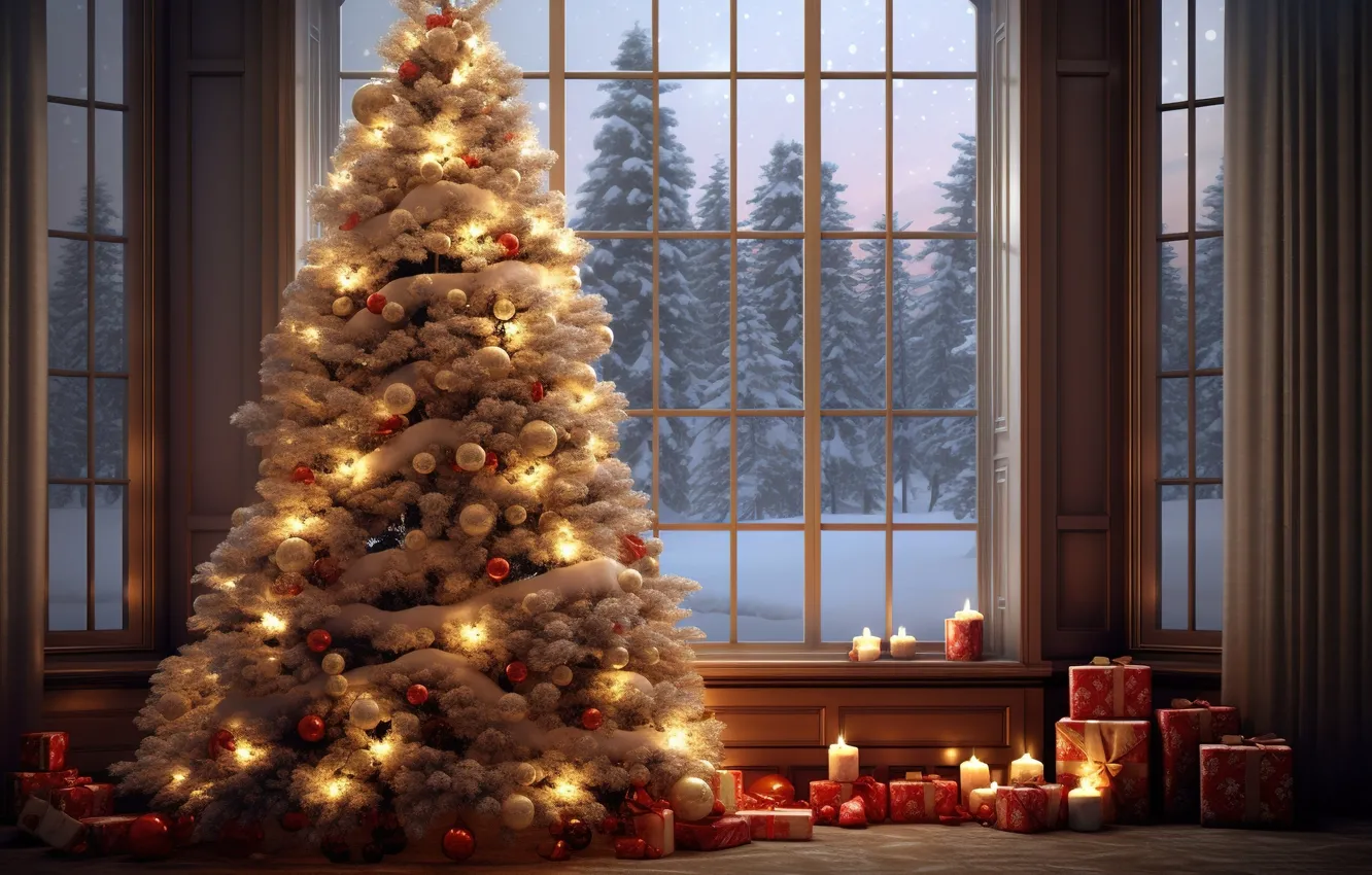 Photo wallpaper winter, snow, decoration, room, balls, tree, interior, New Year