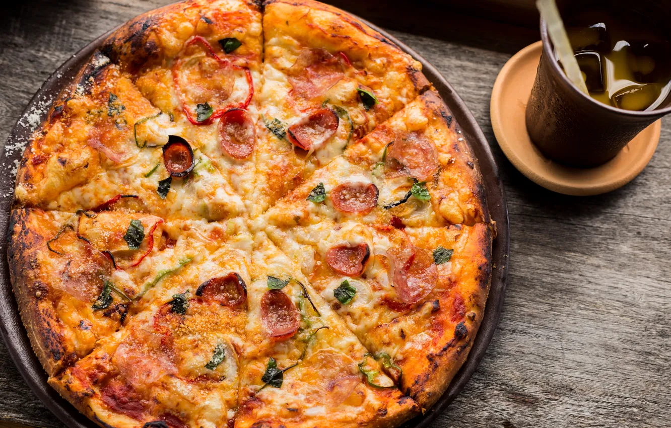 Photo wallpaper cheese, pepper, drink, pizza, the dough, Pizza, sausages
