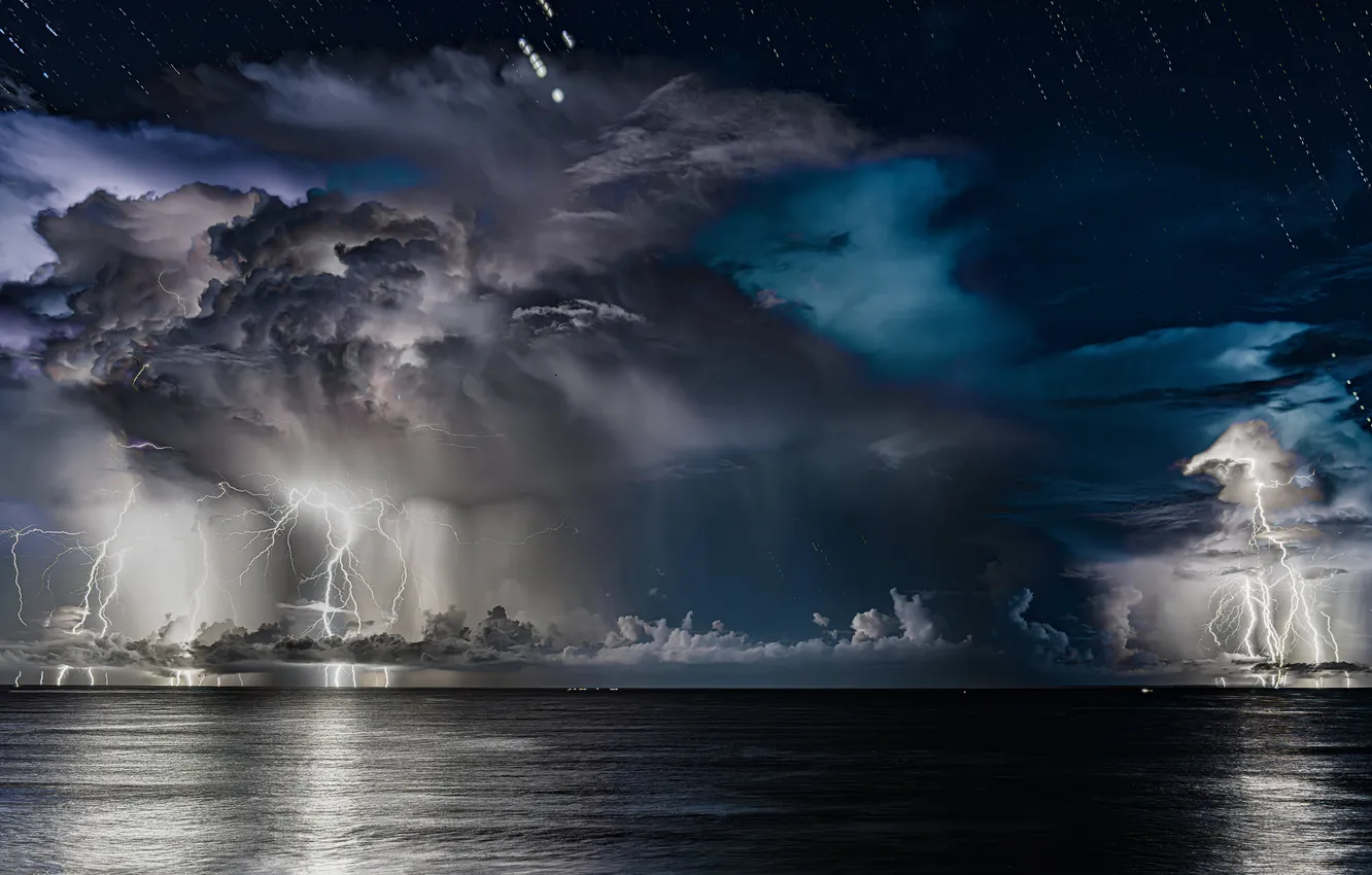 Photo wallpaper the storm, night, clouds, storm, element, lightning