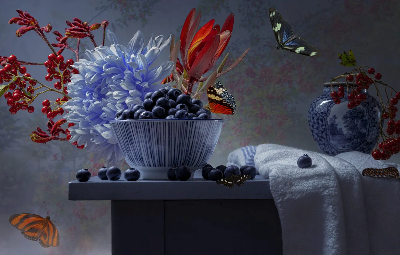 Photo wallpaper butterfly, flowers, branches, berries, table, towel, vase, bowl