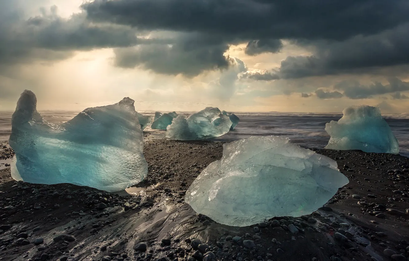 Photo wallpaper ice, winter, sea, clouds, pebbles, shore, surf, ice
