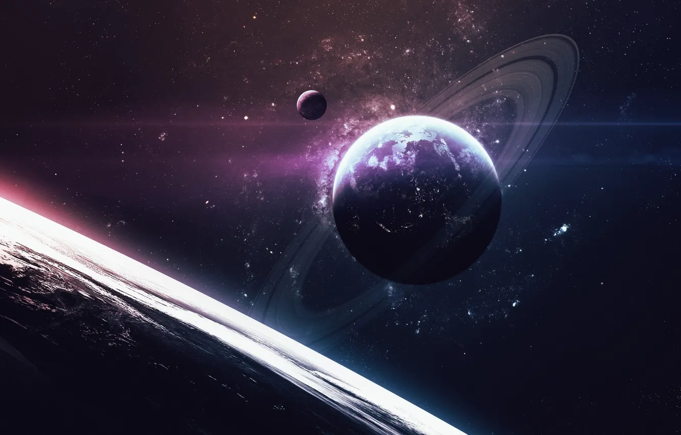 Photo wallpaper space, surface, view, planet, satellite, ring, art, space