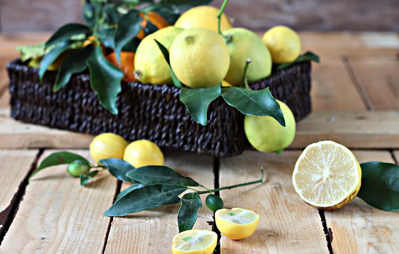 Photo wallpaper box, citrus, wood, lemons