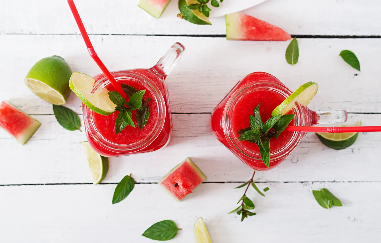 Photo wallpaper watermelon, lime, drink, slices