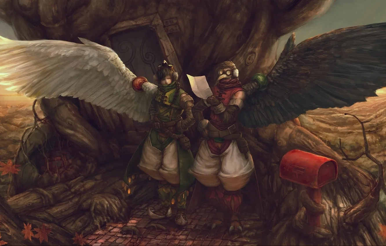 Photo wallpaper letter, leaves, trees, home, wings, beak, mask, fantasy