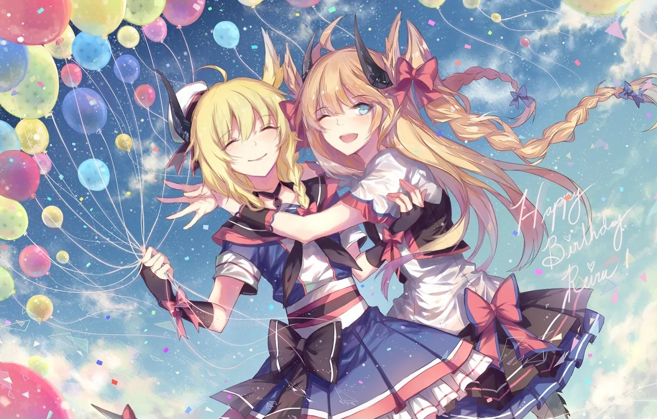 Photo wallpaper the sky, girl, clouds, joy, anime, art, braids, bow