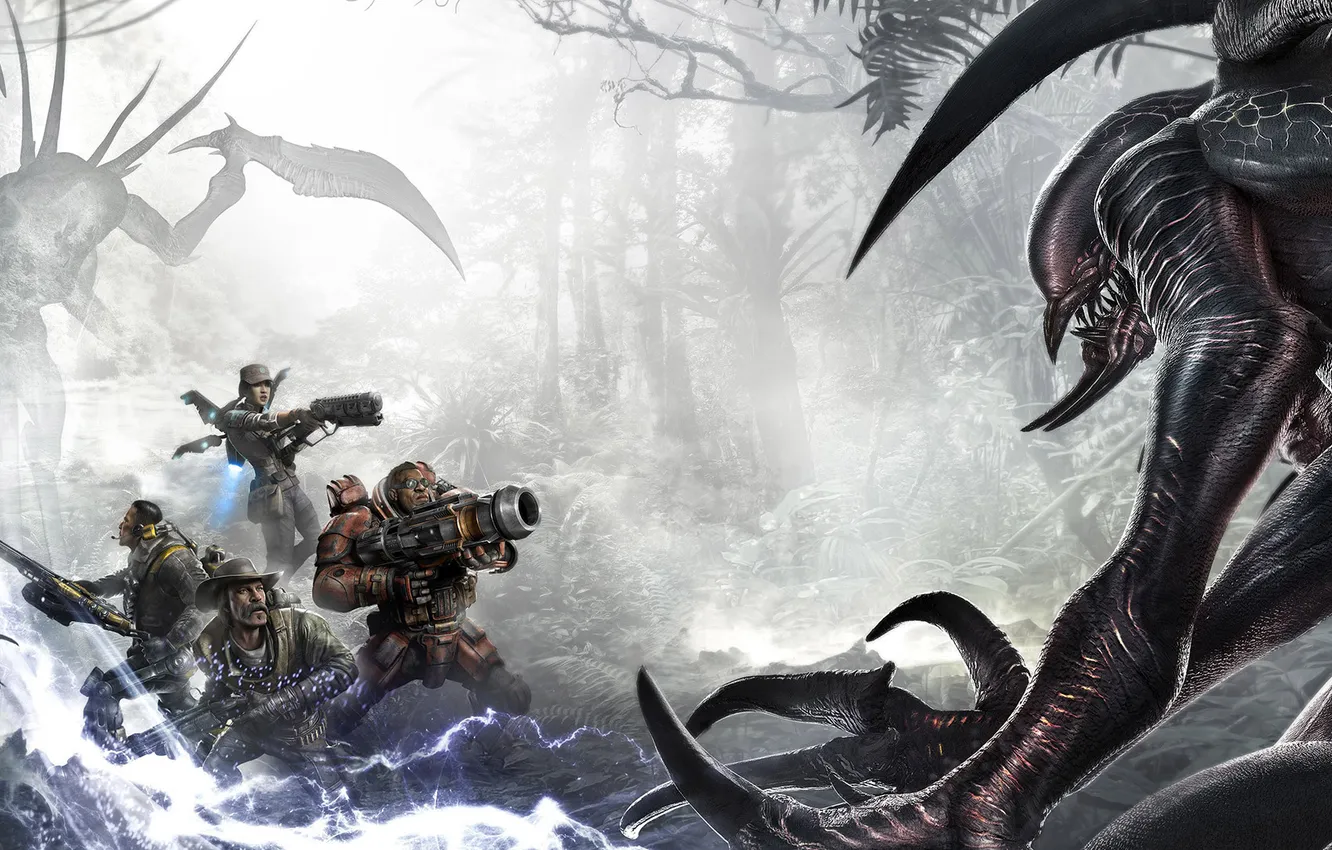 Photo wallpaper forest, trees, weapons, monster, gun, team, fighters, 2K Games