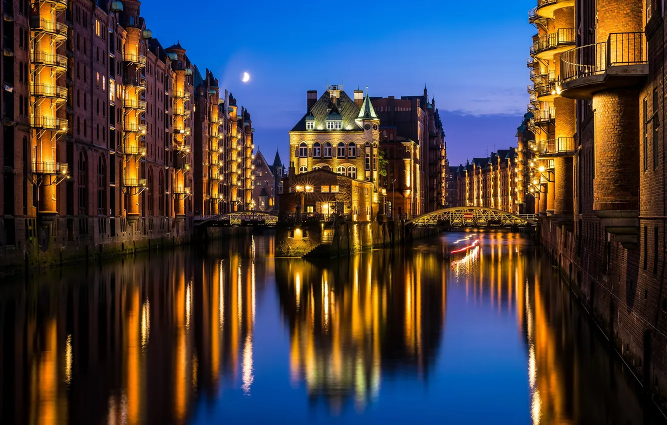 Photo wallpaper the sky, clouds, light, night, blue, bridge, the city, lights