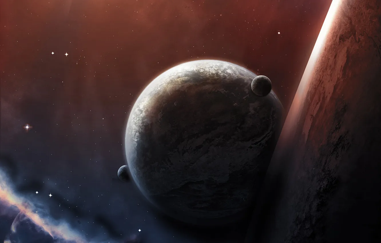 Photo wallpaper space, stars, nebula, planet, satellite, shadow, the atmosphere