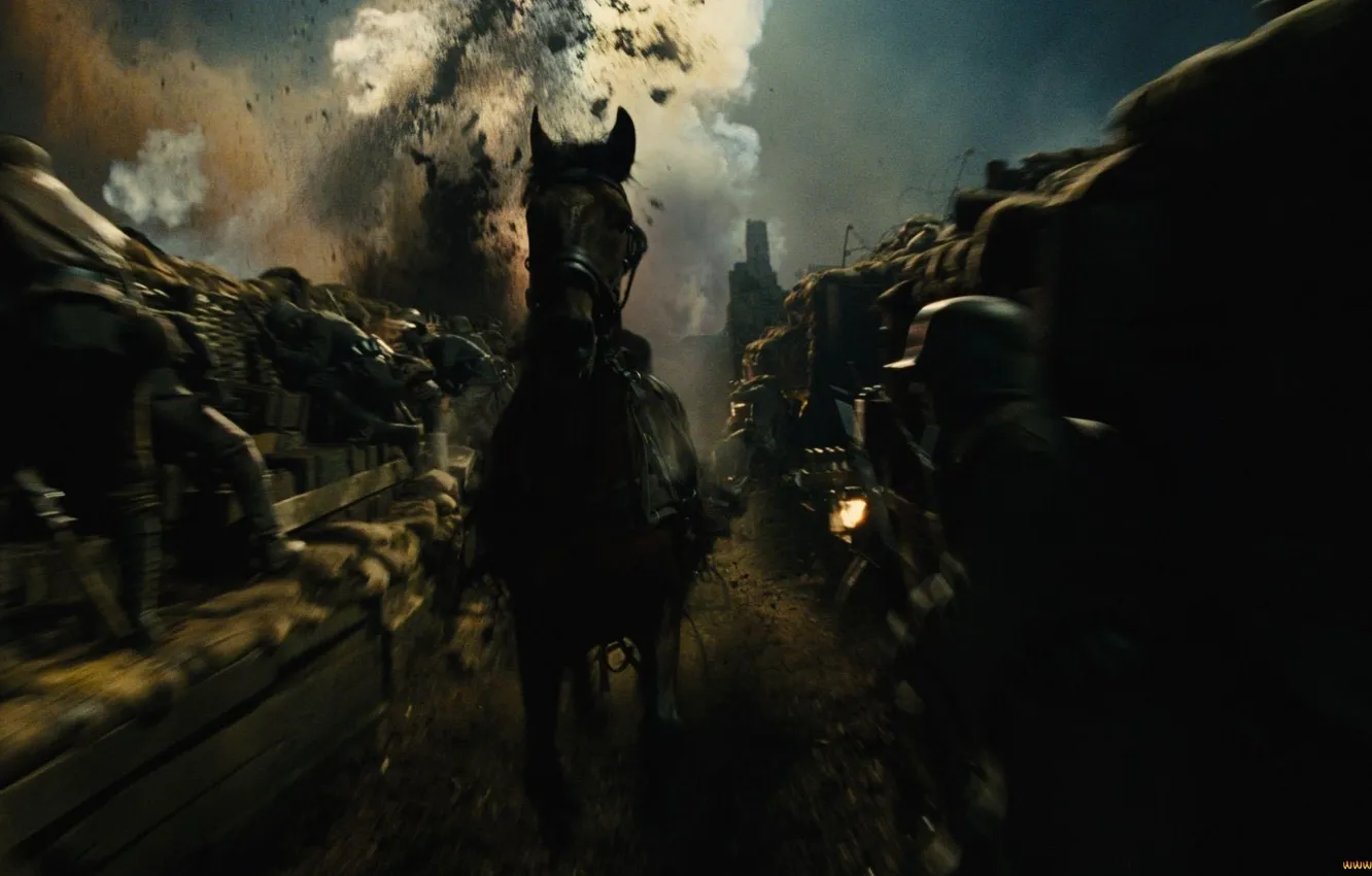 Photo wallpaper Horse, War, The explosion, Soldiers, War Horse, War horse, The trenches