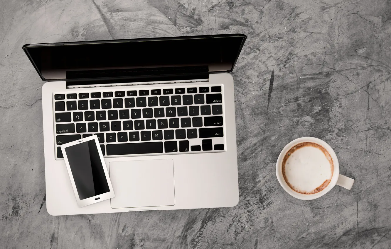 Photo wallpaper hot, grey, computer, from, coffee, laptop, minima, desk