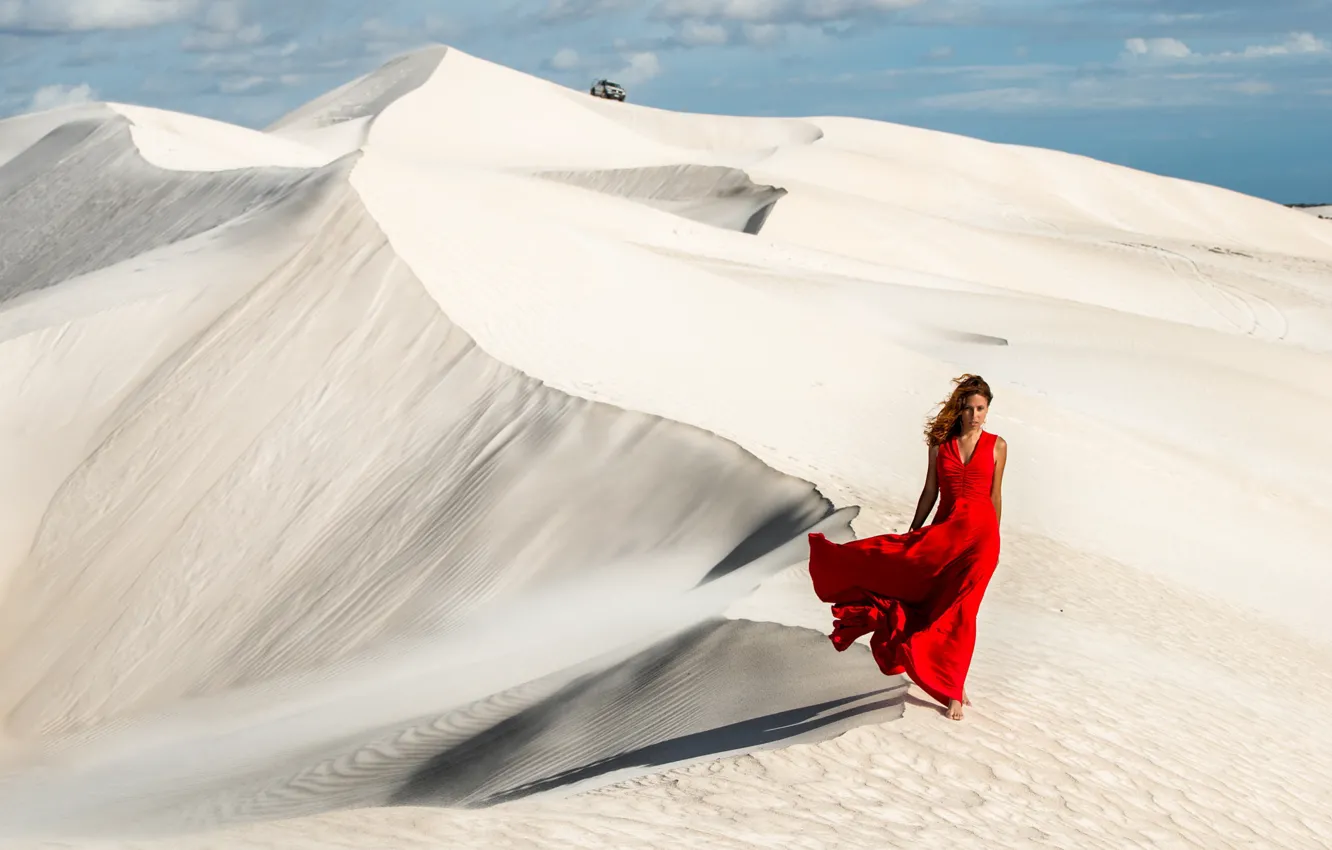 Photo wallpaper sand, girl, the wind, red, desert, hair, dress