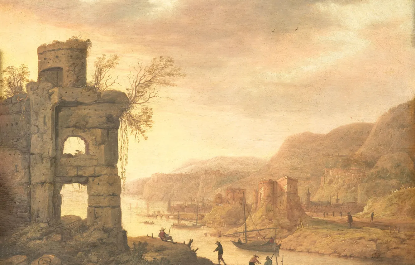 Photo wallpaper oil, picture, River Landscape, 1675, Dirck Verhaert, Dirk Verhaert